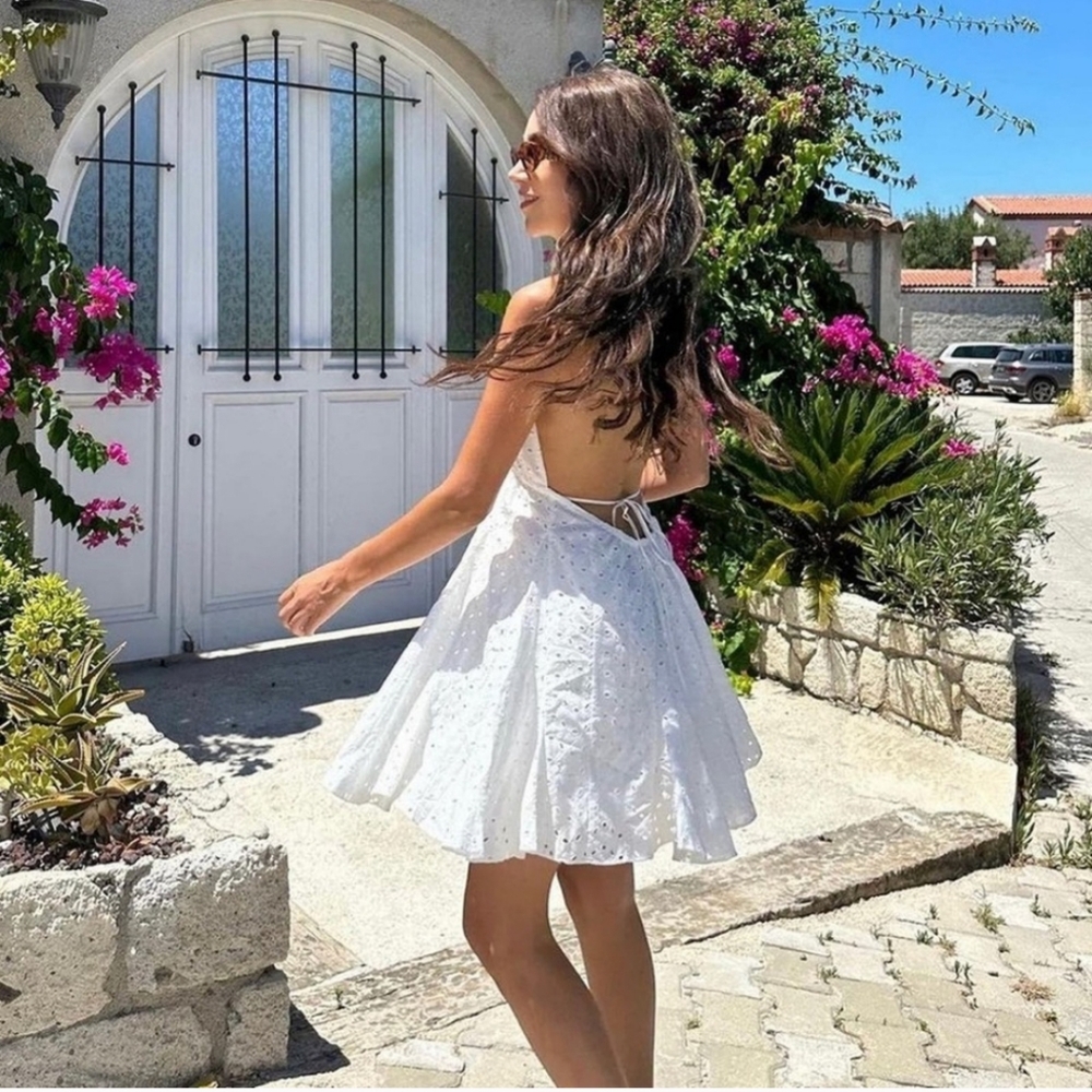 ZARA EMBROIDERED EYELET HALTER DRESS SIZE L XL WHITE - Picture 11 of 12